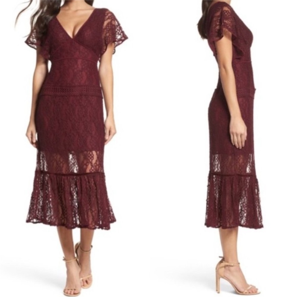 foxiedox‎ Burgundy Lace V-Neck Midi Dress